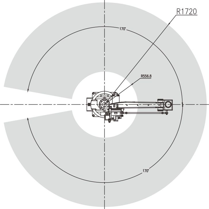 Technical diagram showing the robot's workspace envelope and reach radii.