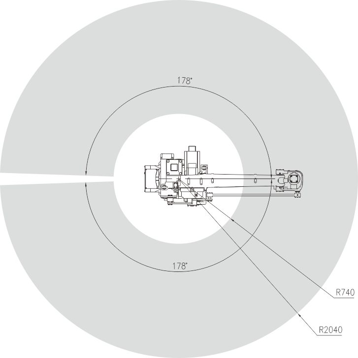 Technical diagram showing the robotic arm's operational range and reach of 2040mm