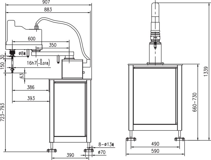 Technical drawing showing side and front view dimensions