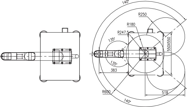 Technical drawing showing range of motion and reach radii