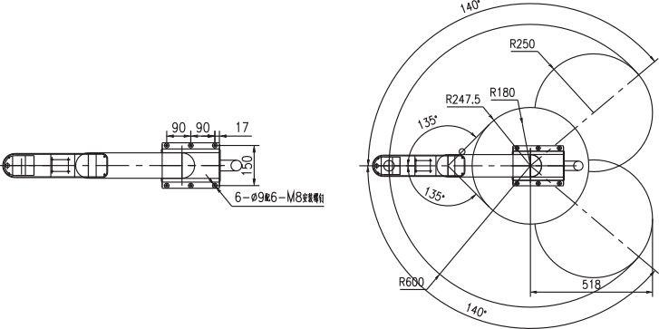 Technical drawing of mounting points and installation dimensions