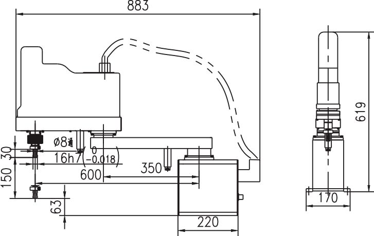 Technical drawing showing vertical travel and base dimensions