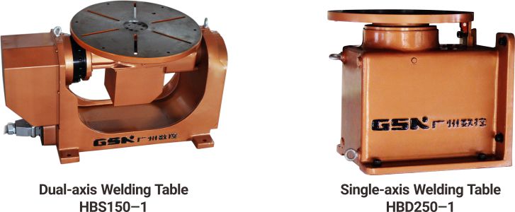 Side by side view of dual-axis and single-axis welding positioners