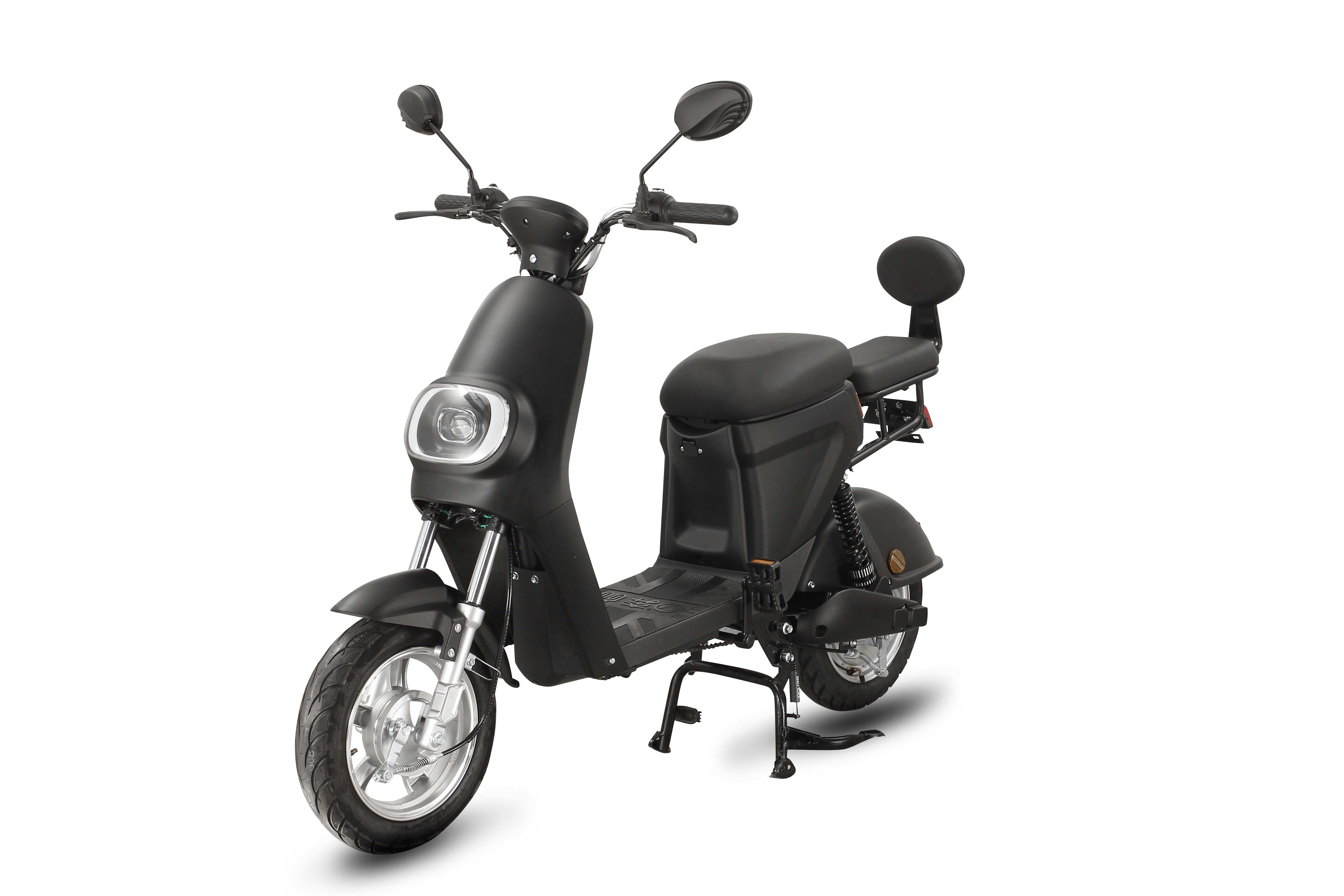 Three-quarter view of the electric motorcycle.