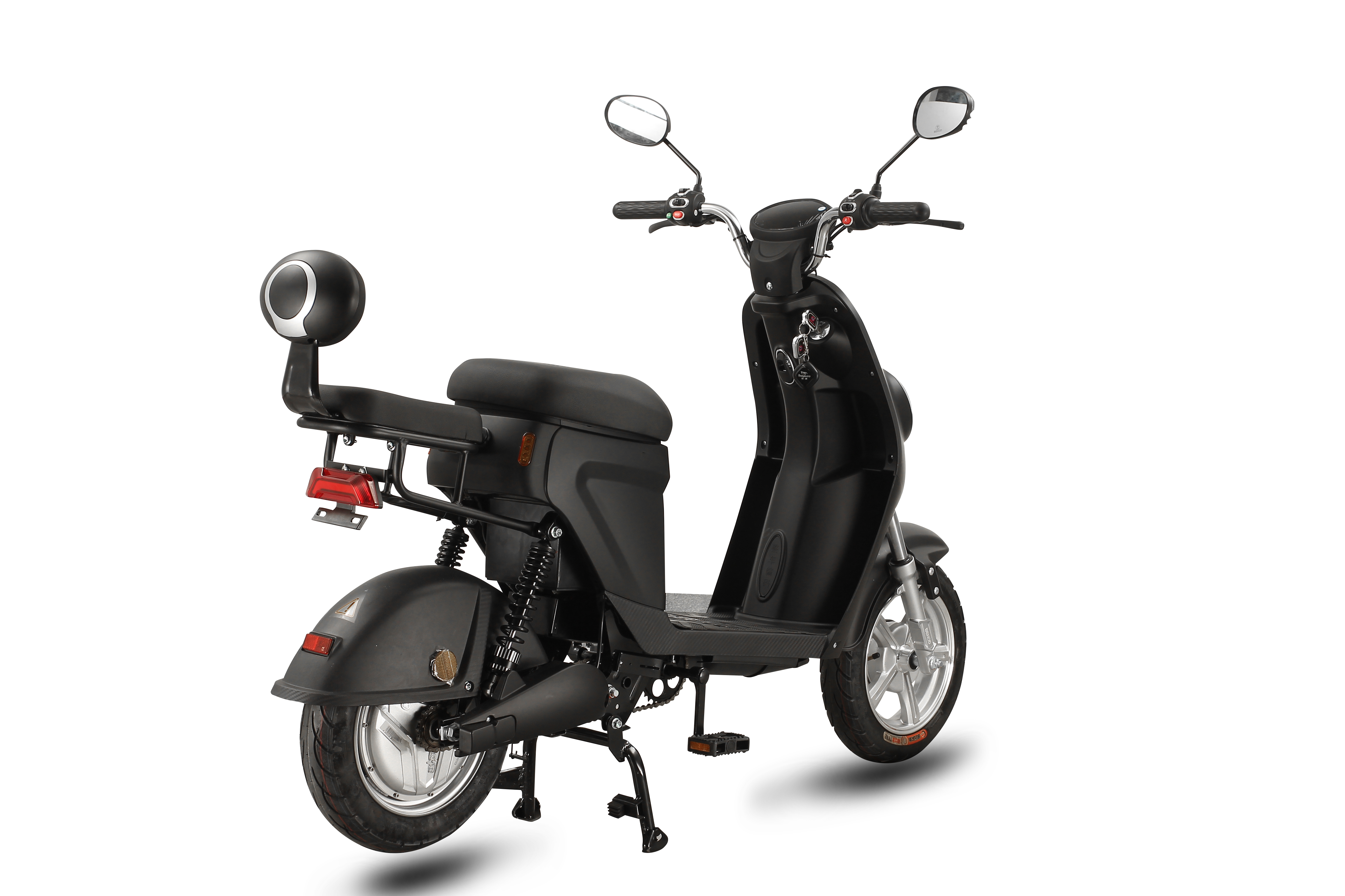Side profile of the electric motorcycle showing the rear rack and comfortable seating.