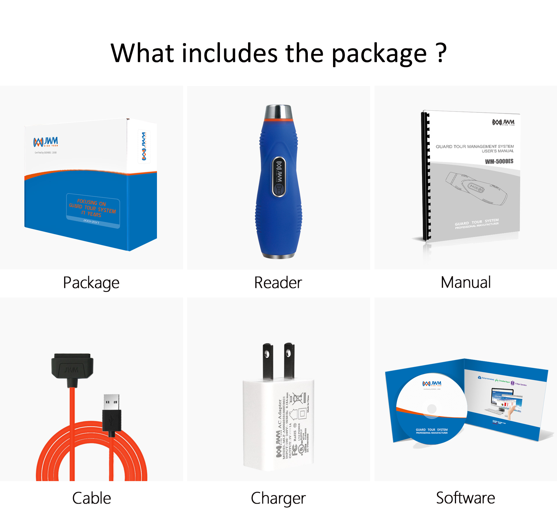 Package contents including reader, manual, cables, and power adapter