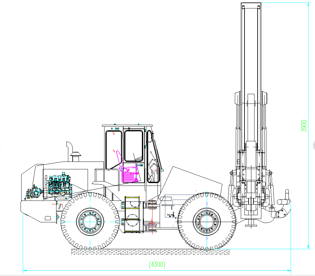 Technical side view drawing of the hydraulic pile driver with dimensions