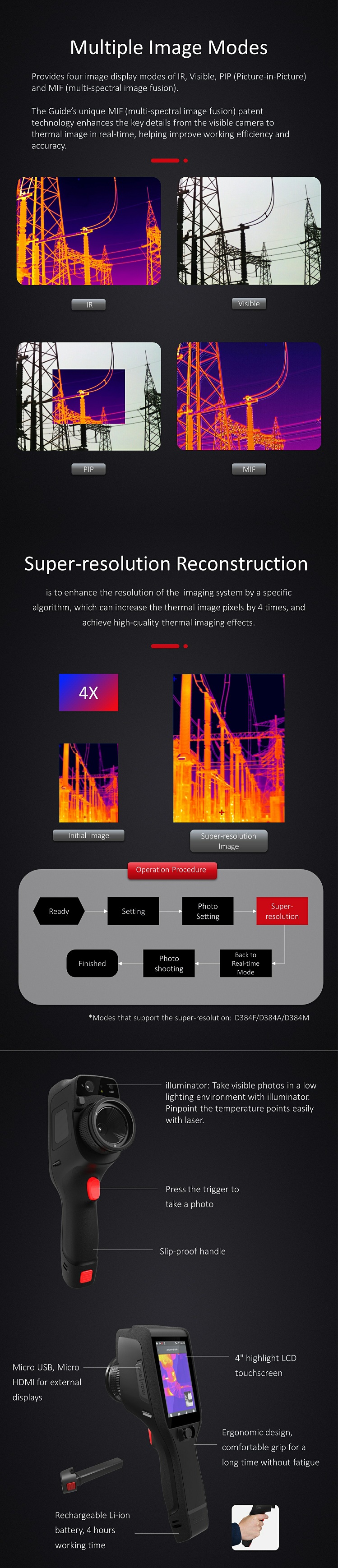 Thermal camera display modes and operation features