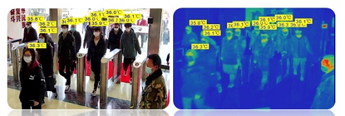 Thermal imaging screen showing multiple people being scanned for temperature