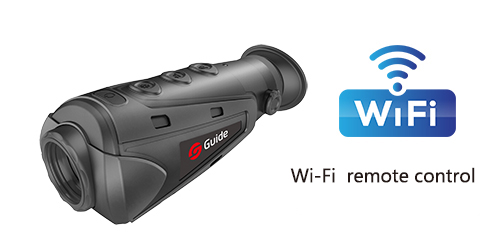 Thermal monocular showing Wi-Fi remote control interface on a smartphone