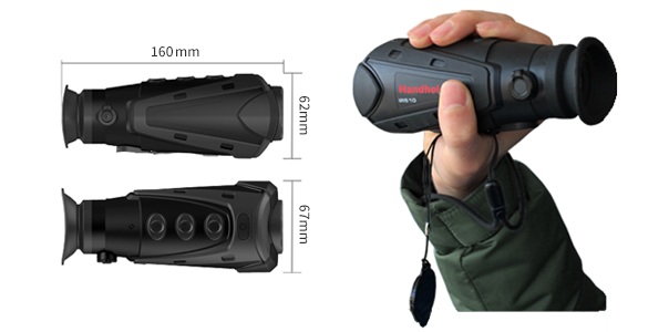 Compact handheld thermal monocular being held in hand