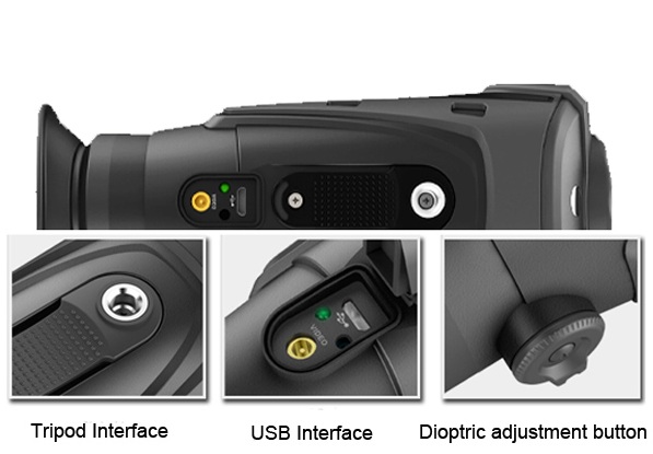 Close up of monocular interface ports and adjustment buttons