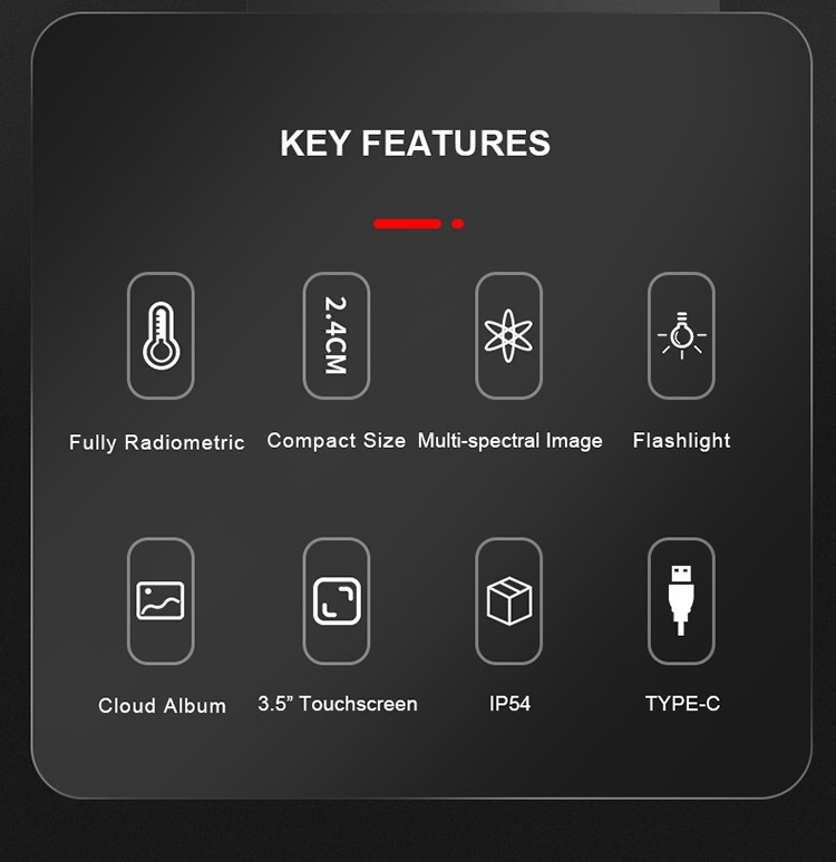 Infographic showing key features like IP54, 3.5 inch screen, and Type-C connectivity