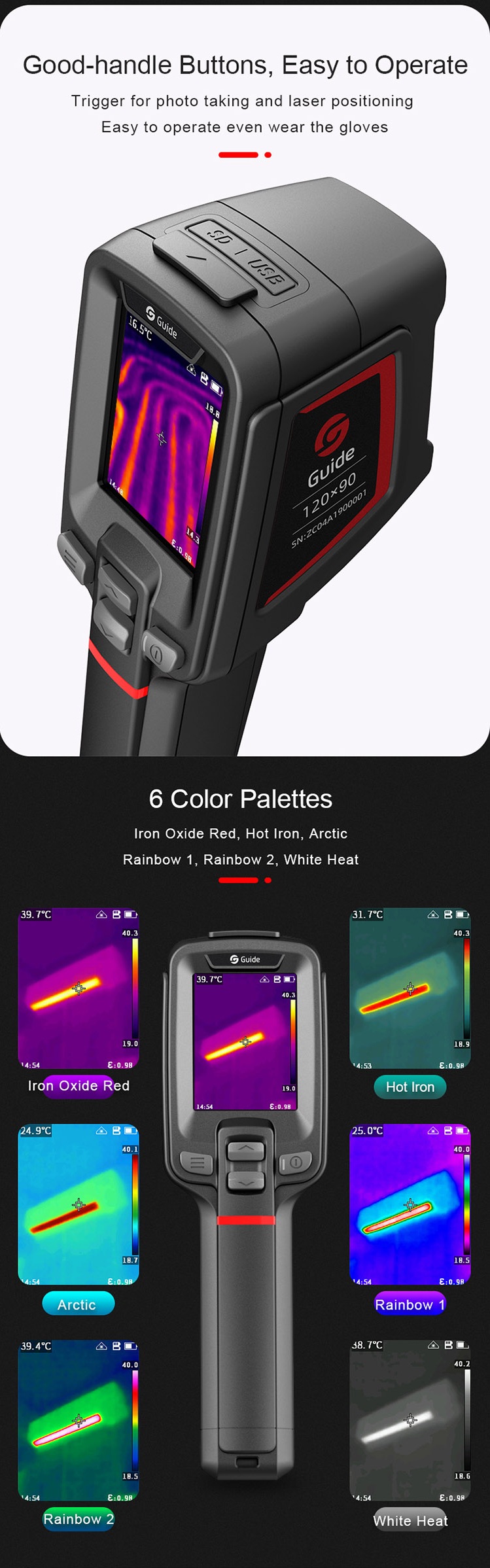 Close up of thermal camera buttons and color palettes