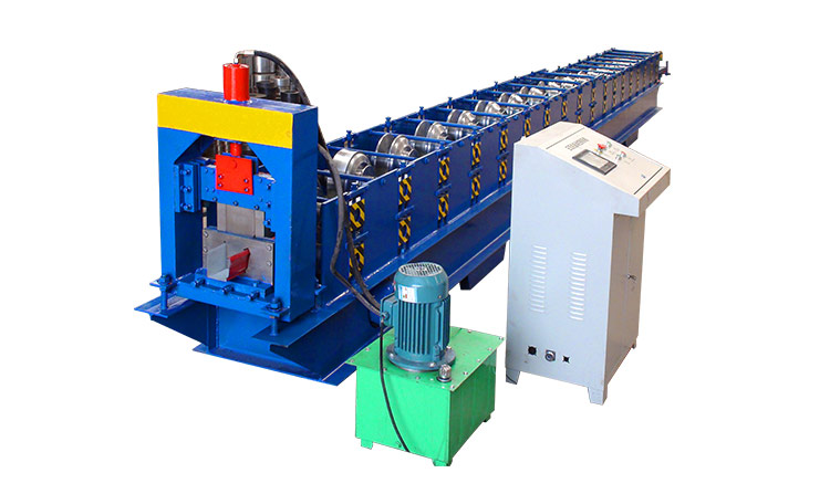 Gutter roll forming machine showing hydraulic cutting system and control panel