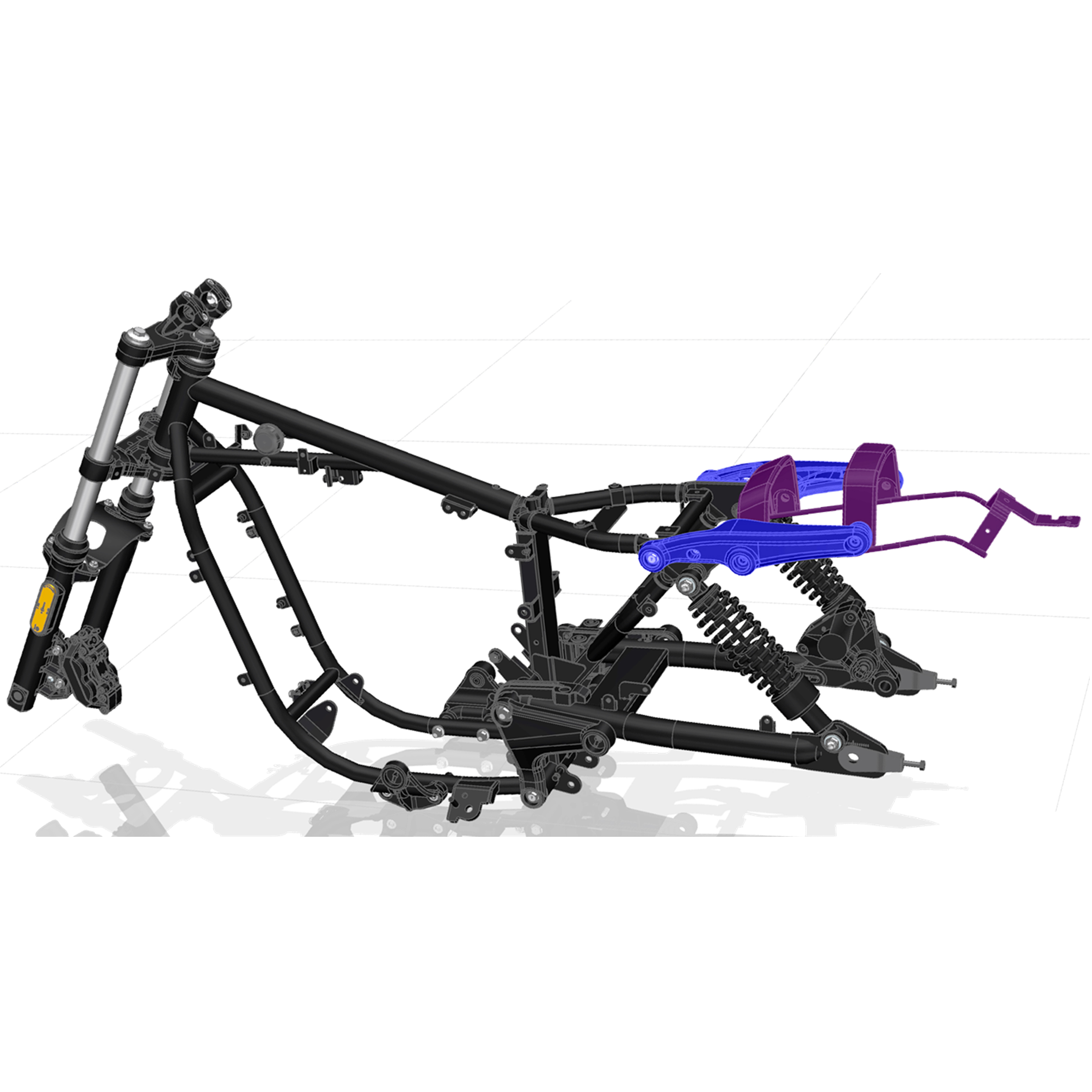 Detailed view of the motorcycle's tubular steel frame and chassis