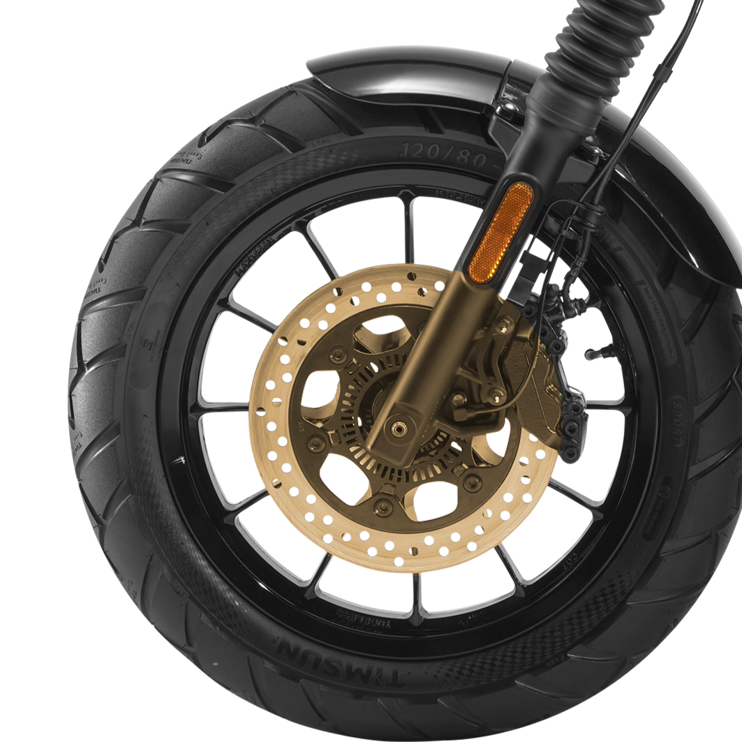 Front wheel assembly with disc brake and suspension