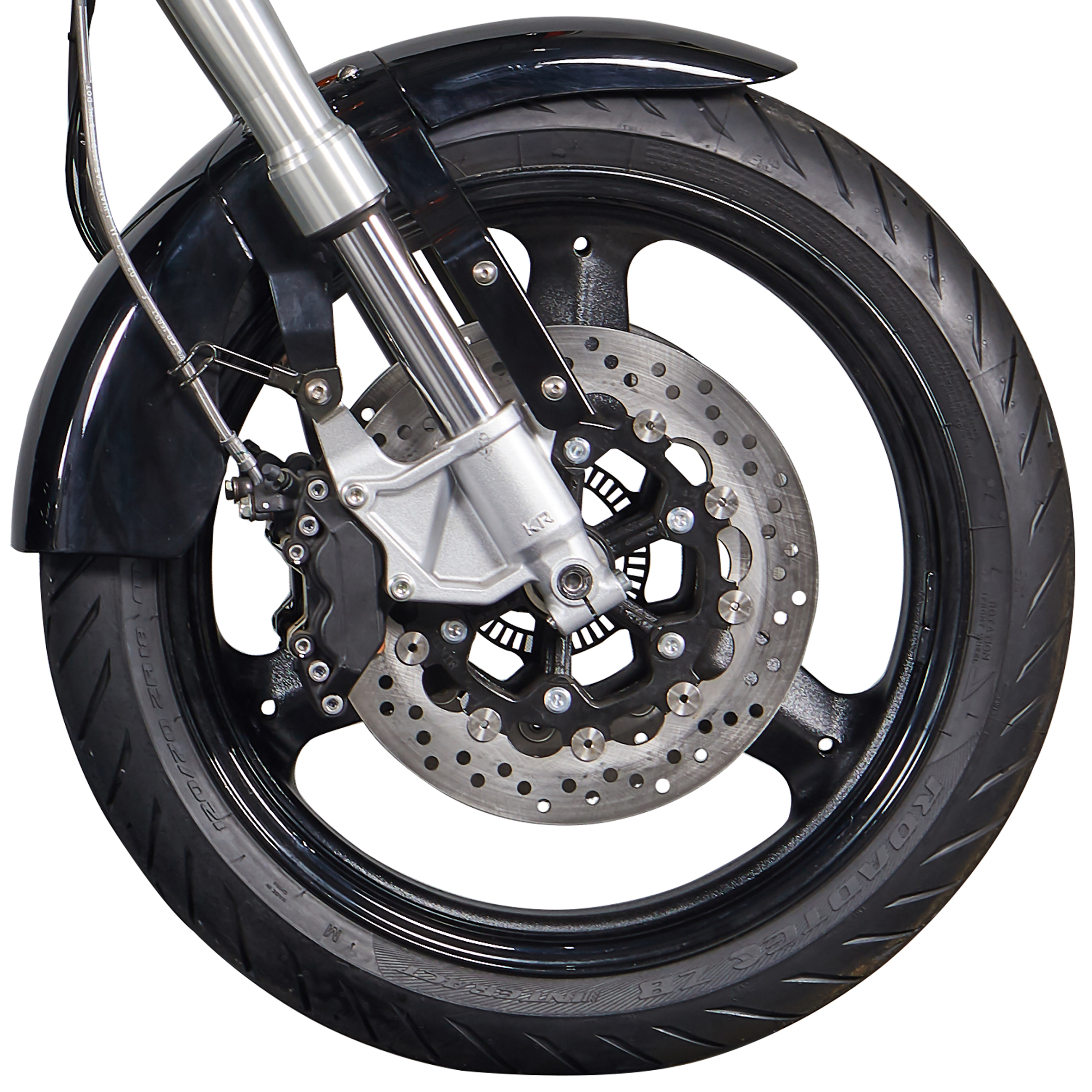 Front wheel assembly with dual disc brakes and upside-down forks.