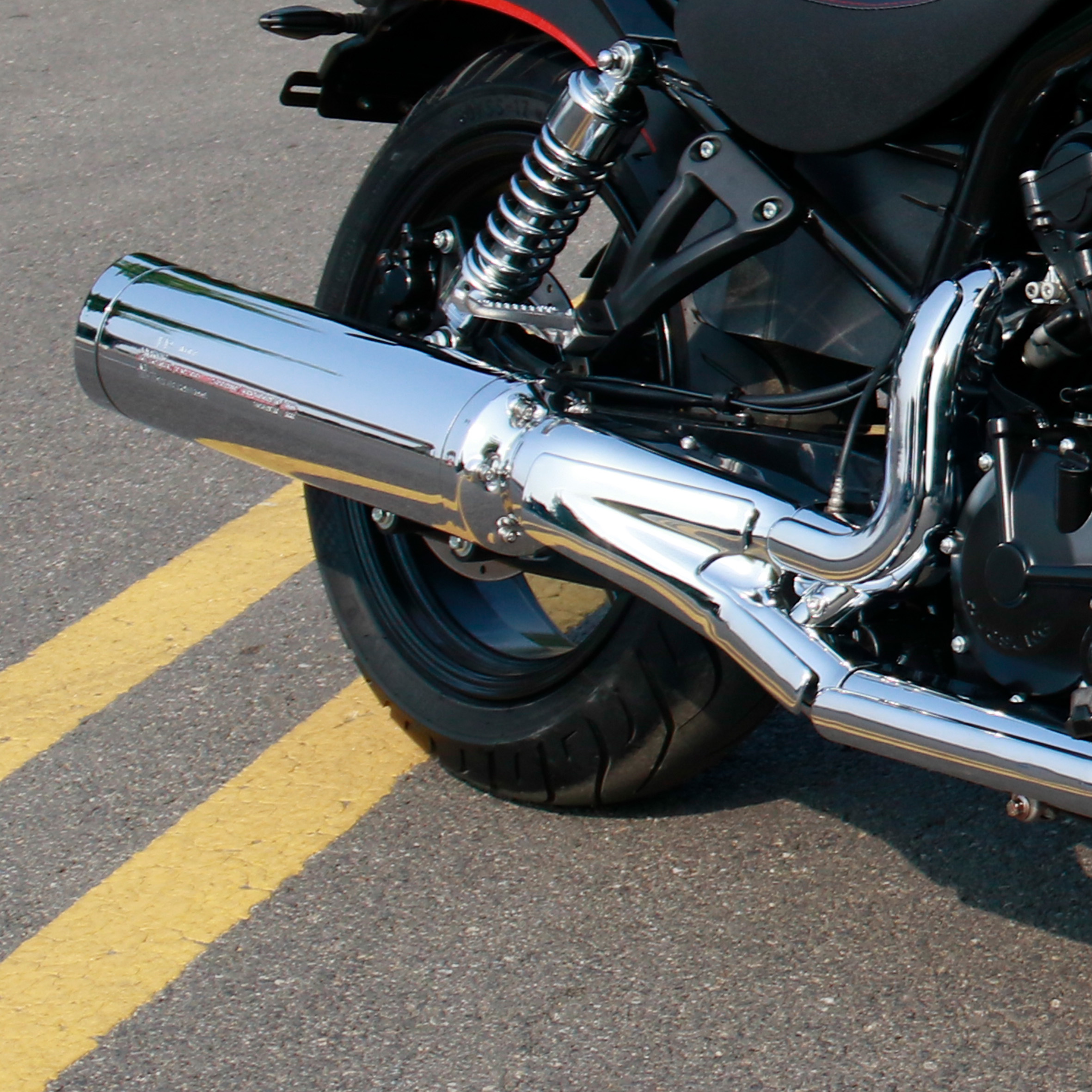 Rear view of the chrome-plated two-in-one exhaust system.