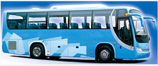 Blue Coach Bus with Geometric Design