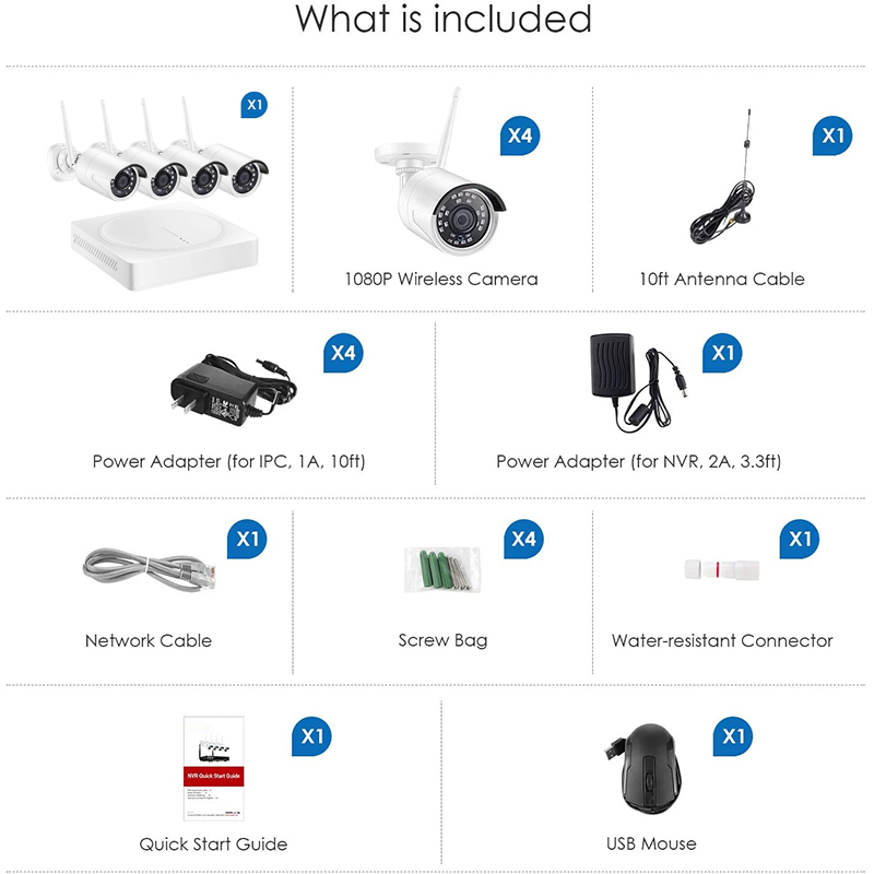 Package contents including cameras, NVR, cables, and accessories
