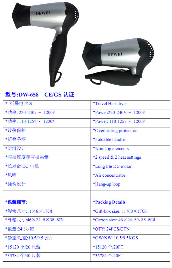 Foldable Travel Hair Dryer with Dual Voltage