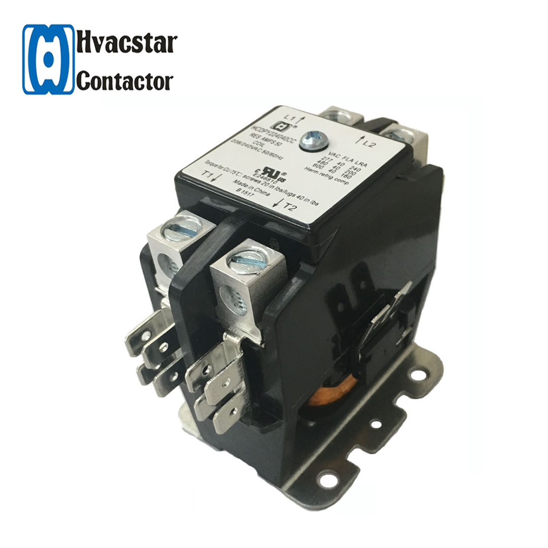 Side profile of the 40A AC contactor showing technical label details