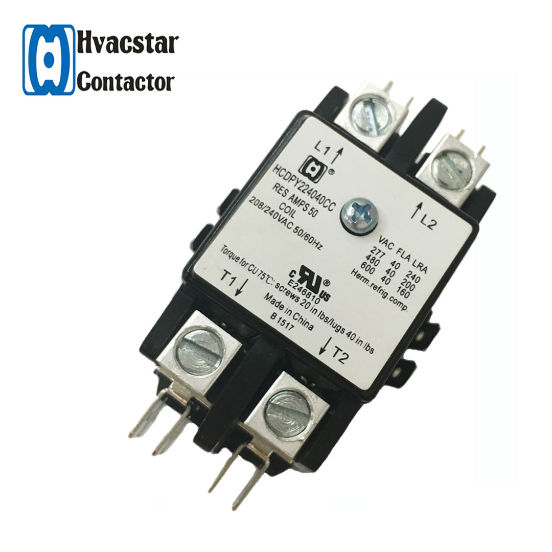 Close up of 2-pole AC contactor showing terminal markings L1, L2, T1, T2