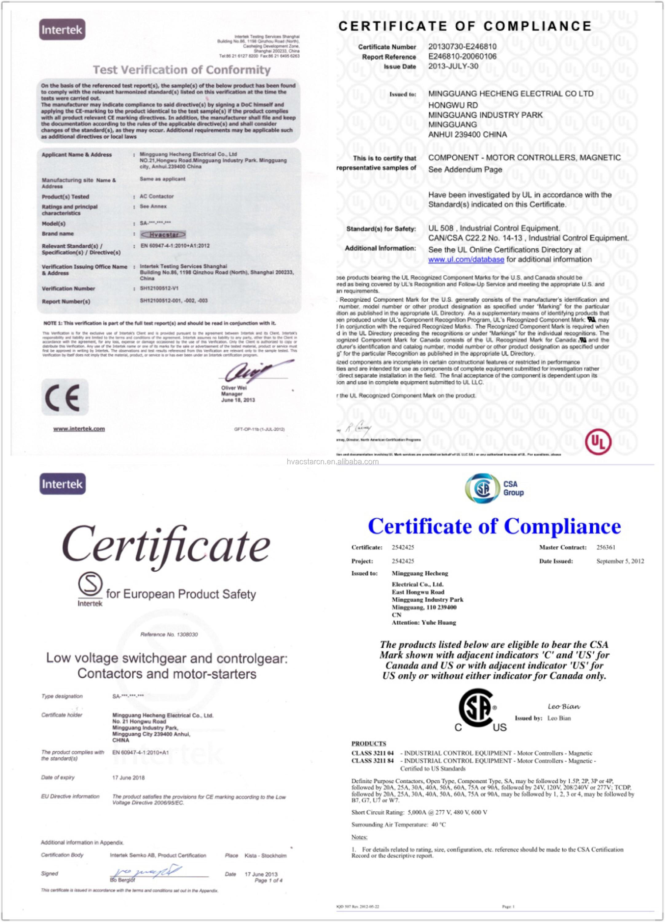 Technical compliance and certification documentation for the AC contactor