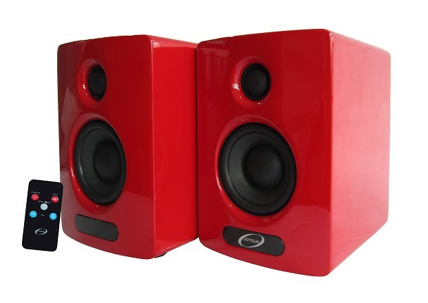 Compact Red Bookshelf Speakers with Remote Control