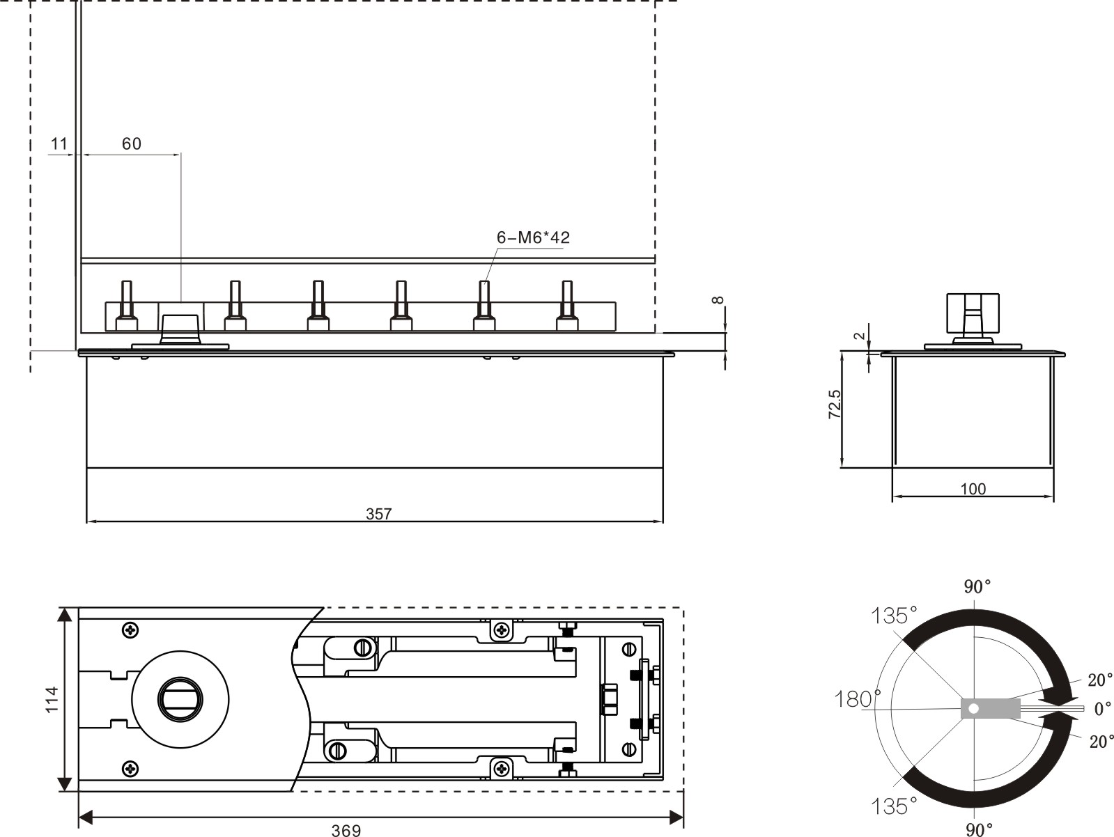 Technical dimension diagram of the door floor spring