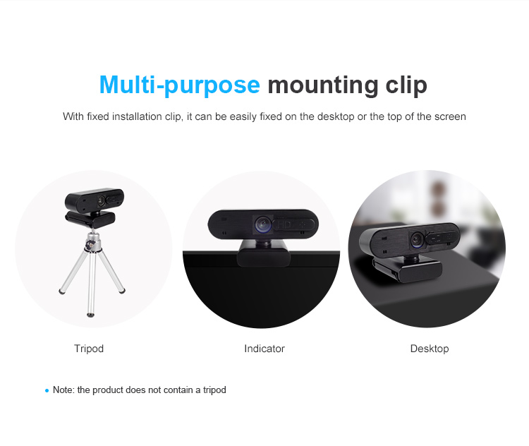 Camera mounted on a screen and sitting on a desk