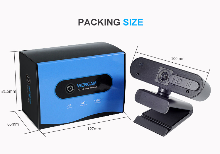 Diagram showing the physical dimensions and packaging size of the webcam