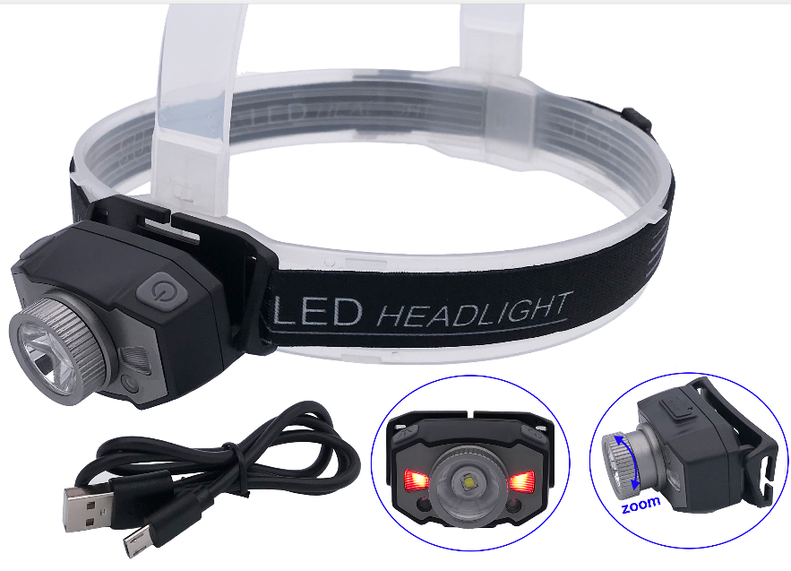 5W LED Headlamp with Red Auxiliary Lights and USB Charger