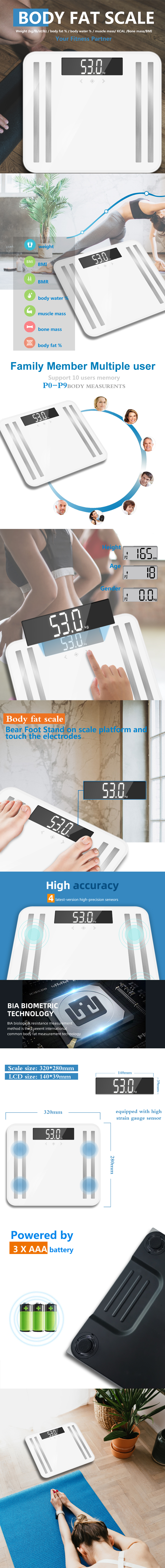 Detailed infographic showing body composition analysis features and scale dimensions