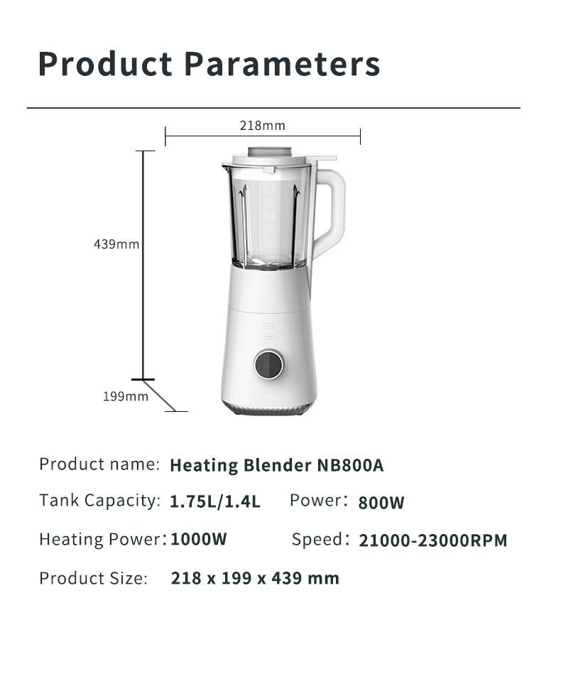 Technical diagram showing blender dimensions and specifications