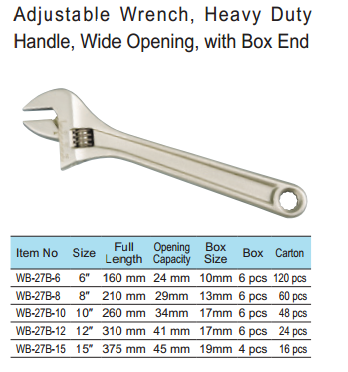 Technical diagram of adjustable wrench sizes and capacities