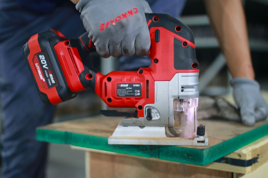 Side profile of the 20V cordless jig saw showing the battery attachment