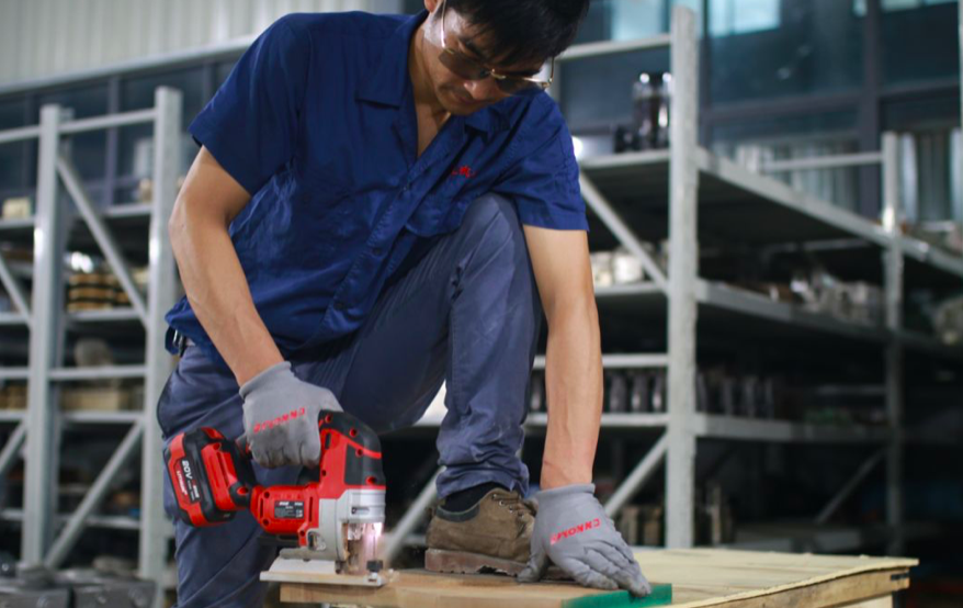 Close up view of the 20V cordless brushless jig saw highlighting ergonomic design