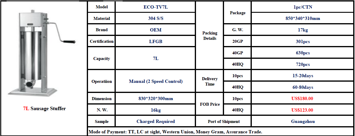 Technical specifications and packaging details for the 7L manual sausage stuffer