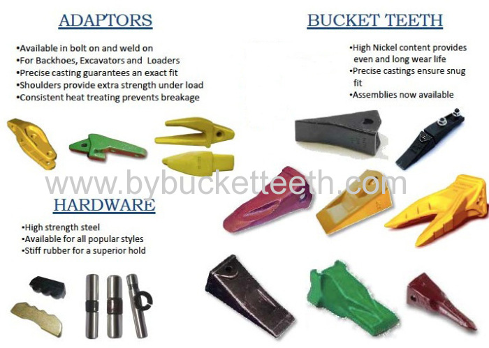 Assorted heavy equipment replacement parts including adaptors and bucket teeth
