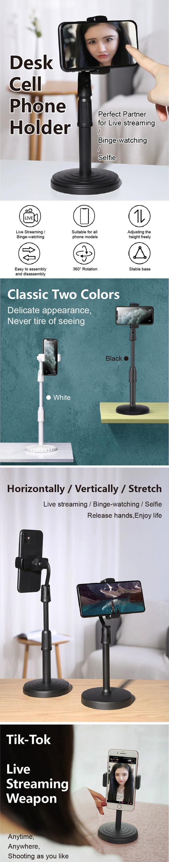 Desktop phone stand features showing 360 rotation and height adjustment