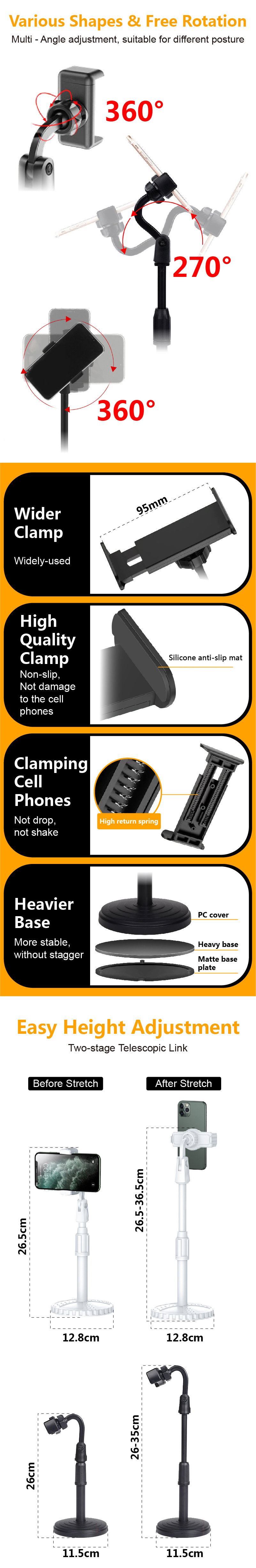 Diagram showing height adjustment range and base stability