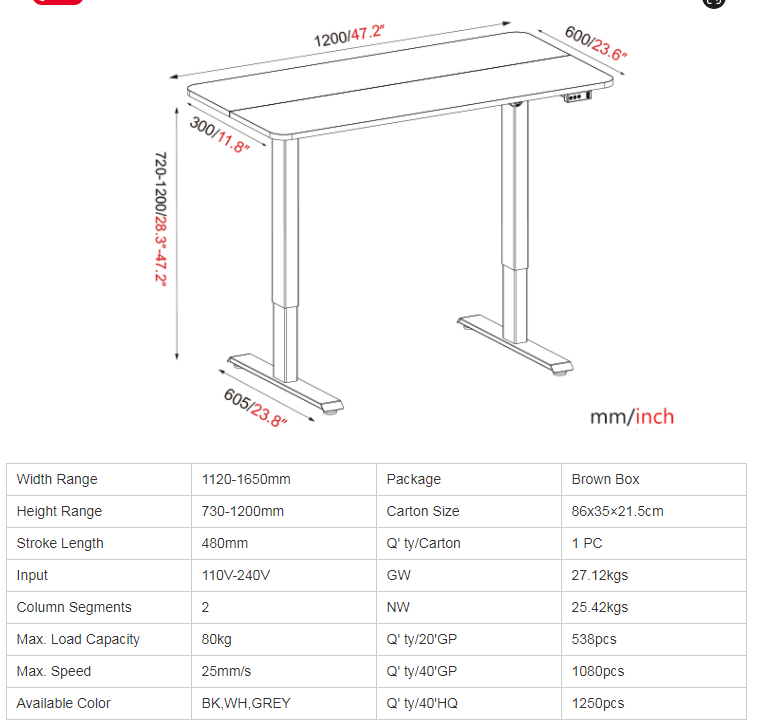 Technical diagram showing desk dimensions and specifications