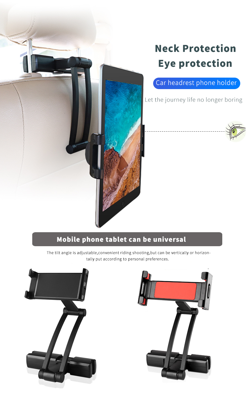 Car headrest phone and tablet holder showing 360-degree rotation and angle adjustment
