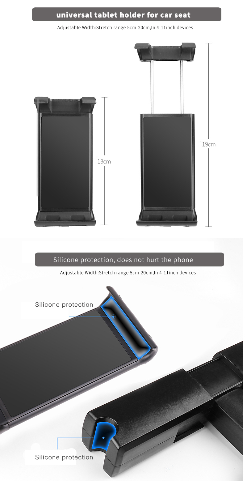 Diagram showing the adjustable width and silicone protection of the tablet holder