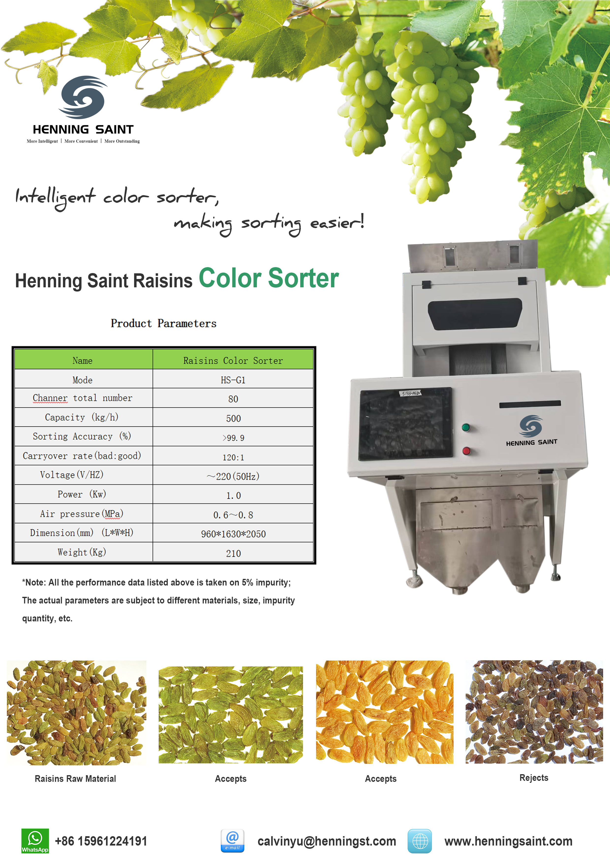 Technical specification chart for the raisin color sorting machine