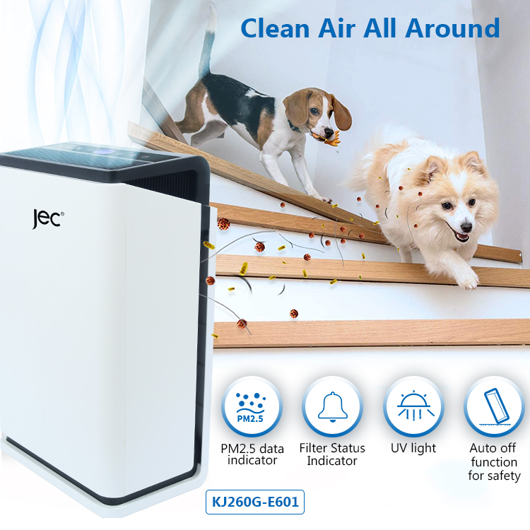 Air purifier control panel showing PM2.5 indicator and filter status
