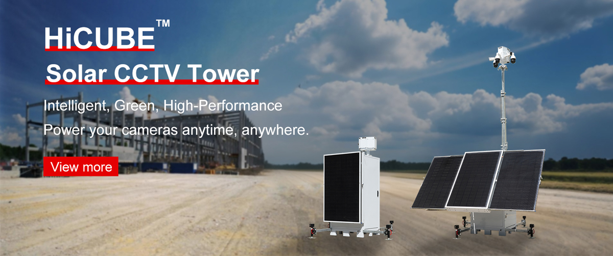 Mobile solar surveillance tower in an outdoor setting