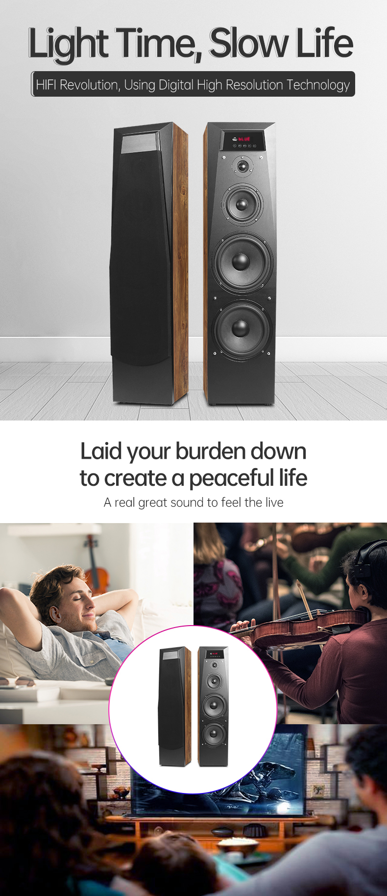 High-fidelity home audio speaker system in a modern living room setting